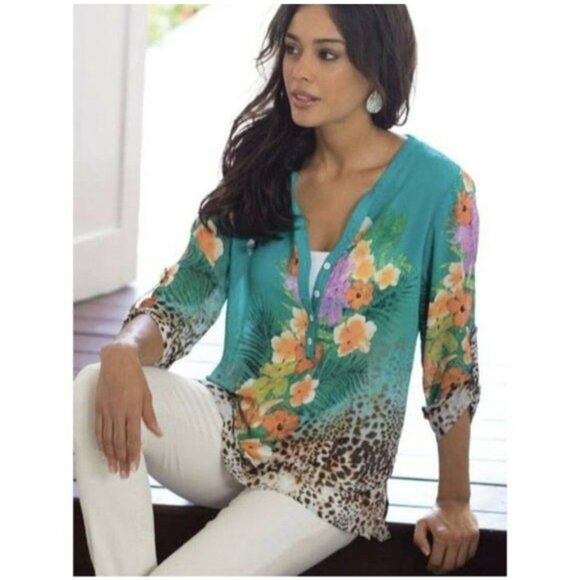 Soft Surroundings Womens Small Floral Animal Print Blouse Tunic Top Sheer Shirt - Picture 1 of 13